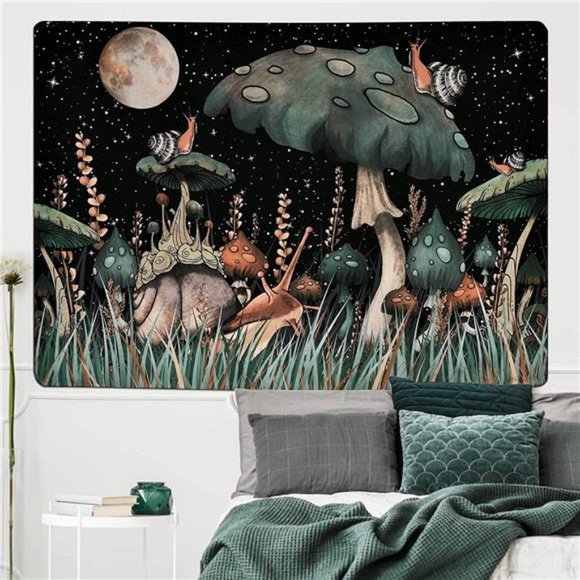 51.2 x 59.1 Mushroom Tapestry Moon Stars Tapestry Snail Tapestry Fantasy Plants - Picture 5 of 6